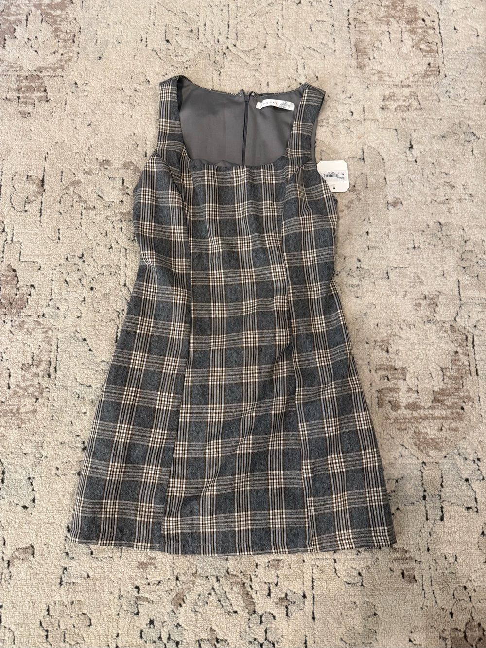Altar’d State Plaid Square-Neck Sheath Dress in Gray and Cream